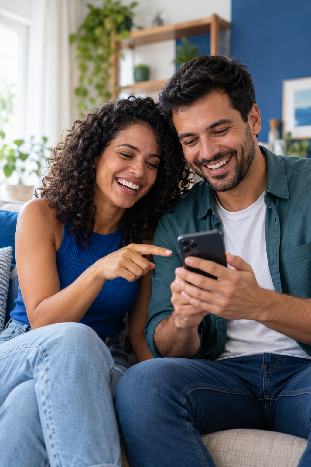 Dois amigos sorrindo enquanto compartilham uma experiência no celular